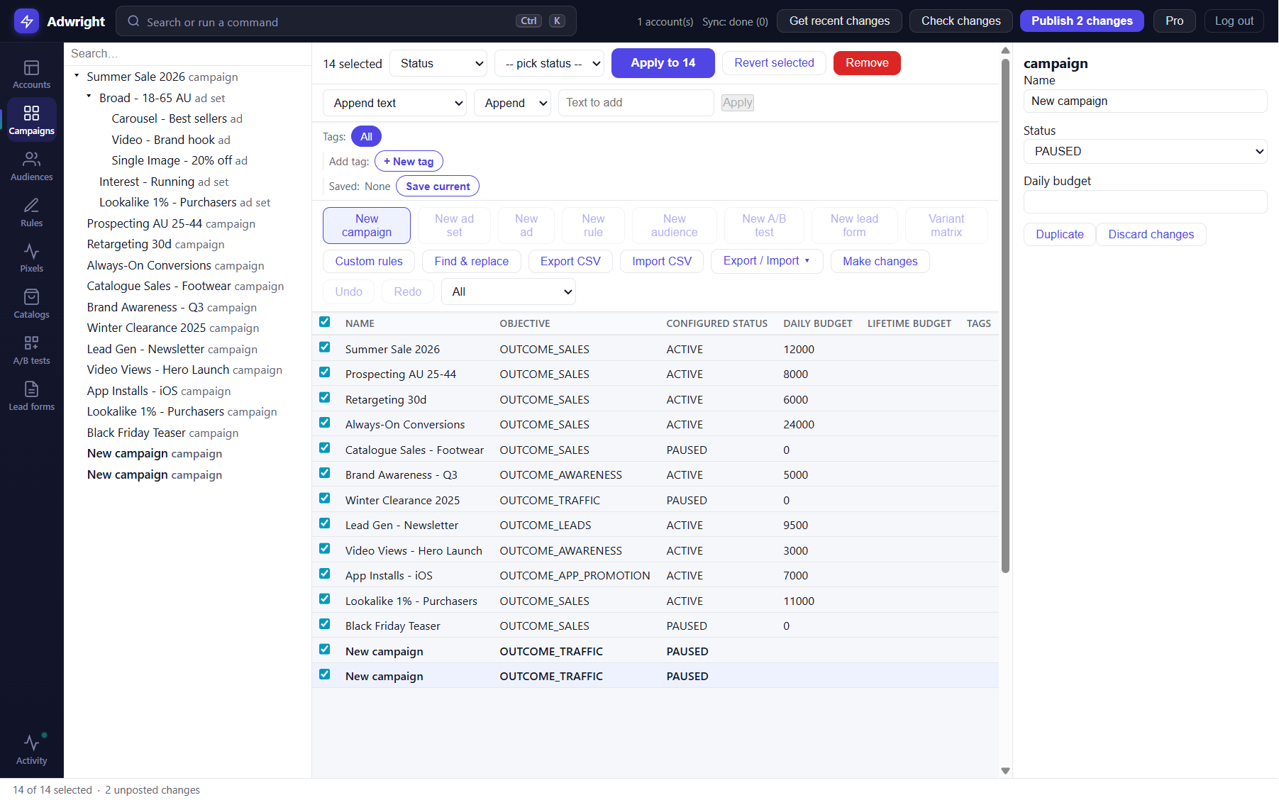 Adwright's redesigned bulk-edit bar — multi-select, tags, and bulk tools with the live Activity panel
