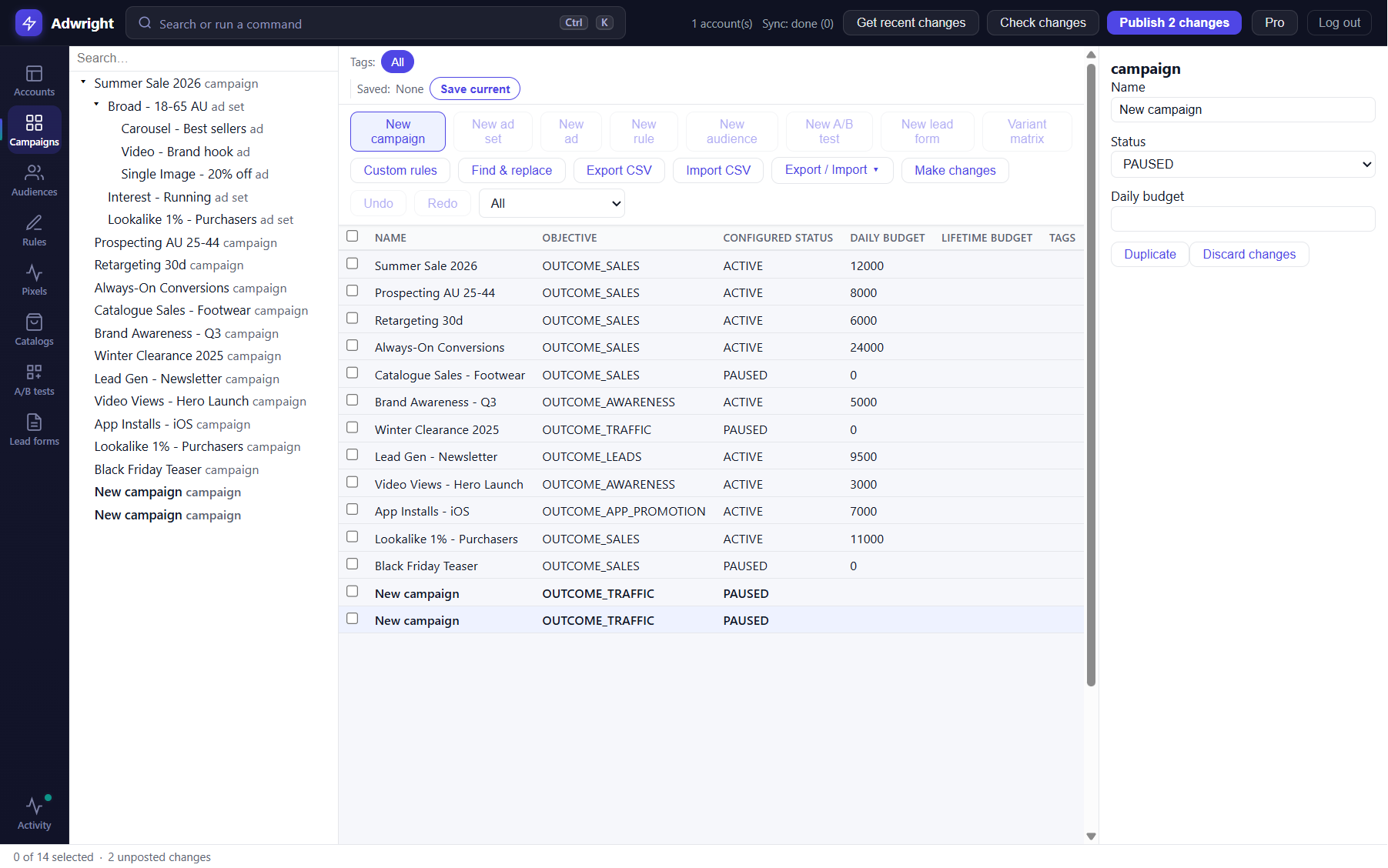 Adwright's redesigned editor — command bar, navigation rail, campaign grid, and a live sync Activity panel